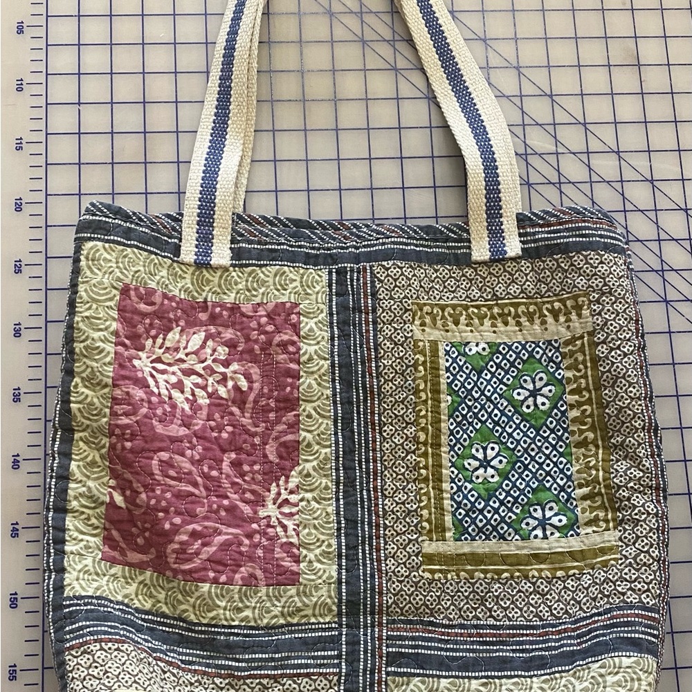 Artisan Patchwork Print up-cycled Tote Bag - Cream Navy Green